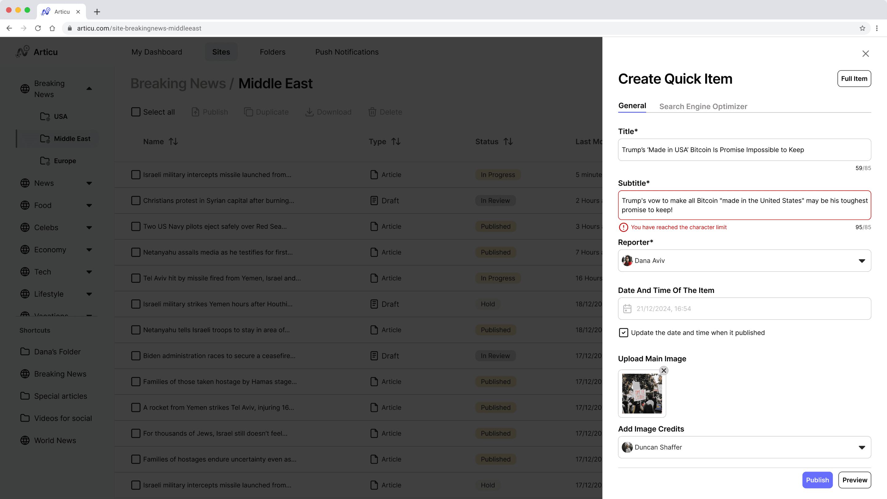 The Create Quick Item side panel with its six fields, title, subtitle, reporter, date, image, and image credits, and an inline character-limit warning.