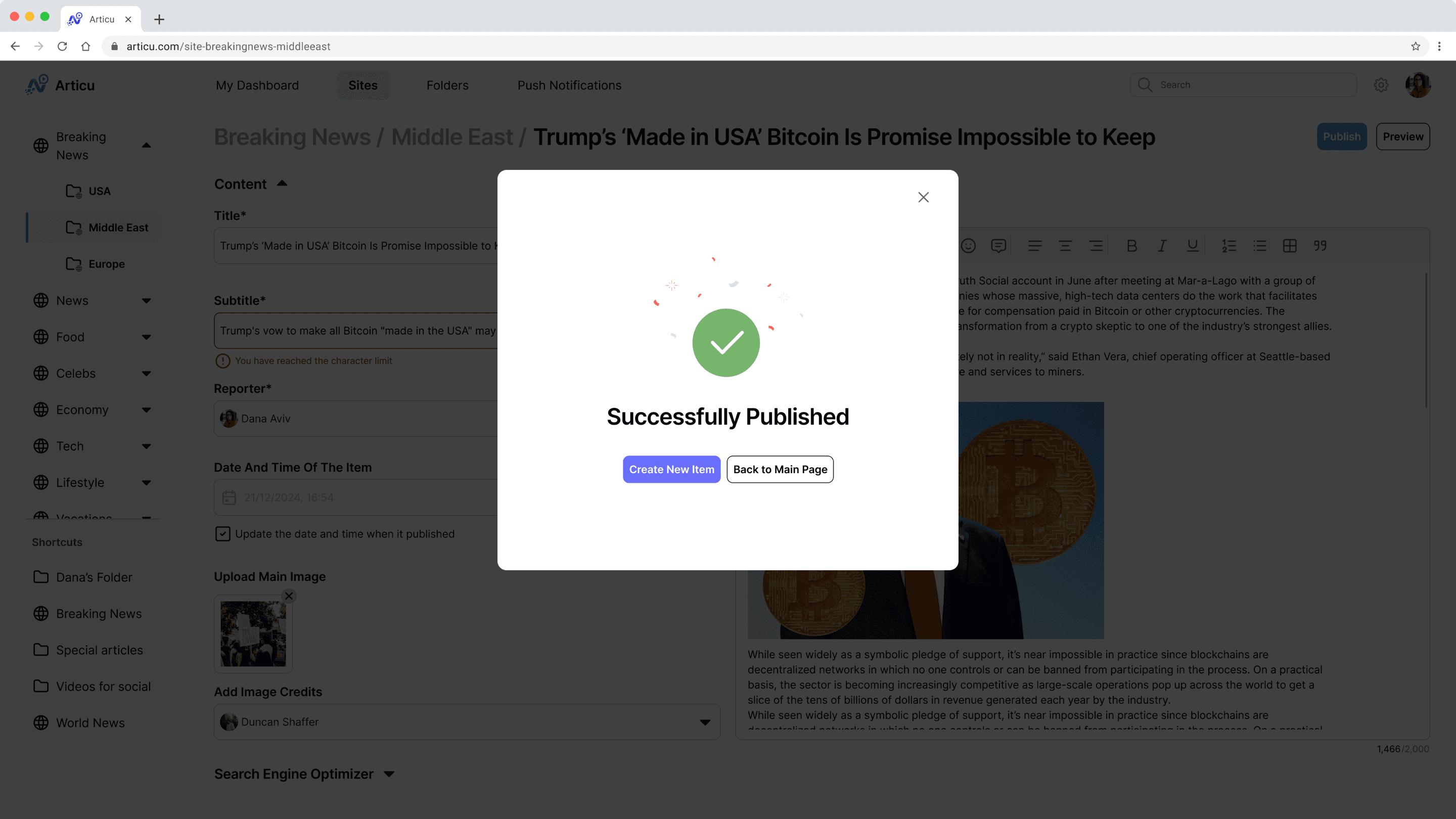 The full article editor behind a Successfully Published confirmation dialog offering Create New Item or Back to Main Page.