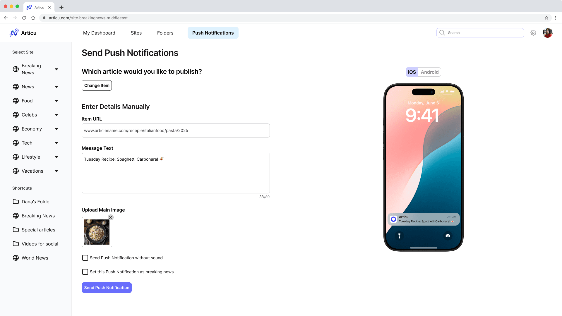 The same screen after an article is selected: the URL, message text, and image are filled in automatically, beside a live iOS and Android preview of the notification on a phone lock screen.