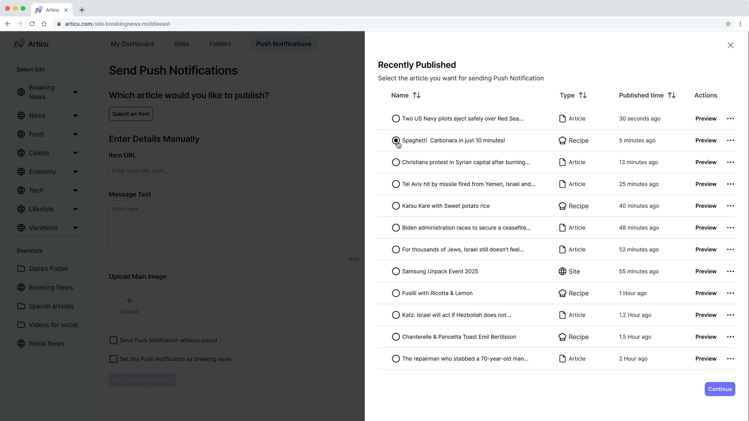 The Send Push Notification screen with a manual-entry form on the left and a panel to select a recently published article on the right.