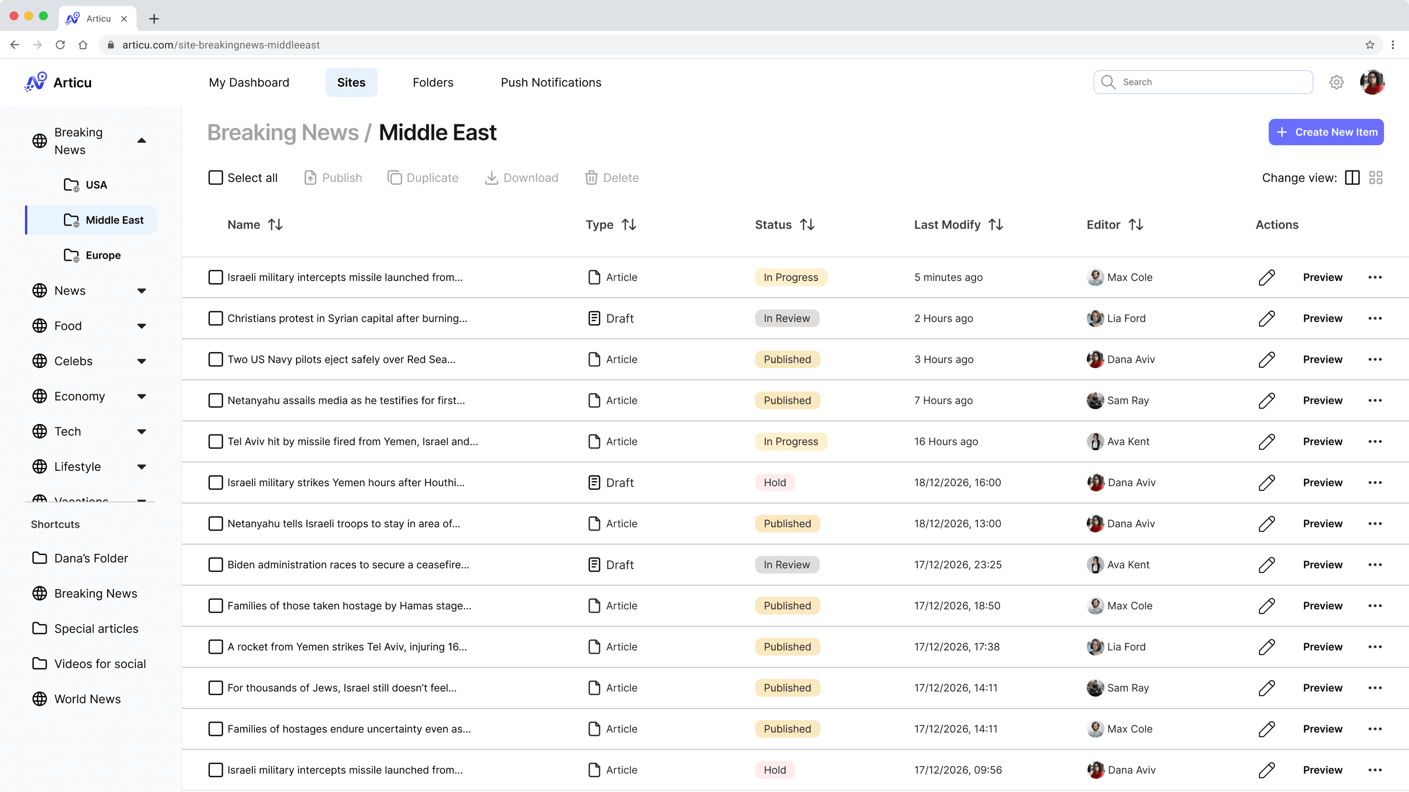 The Breaking News, Middle East section listing articles with their type, status, last modified time, and editor.