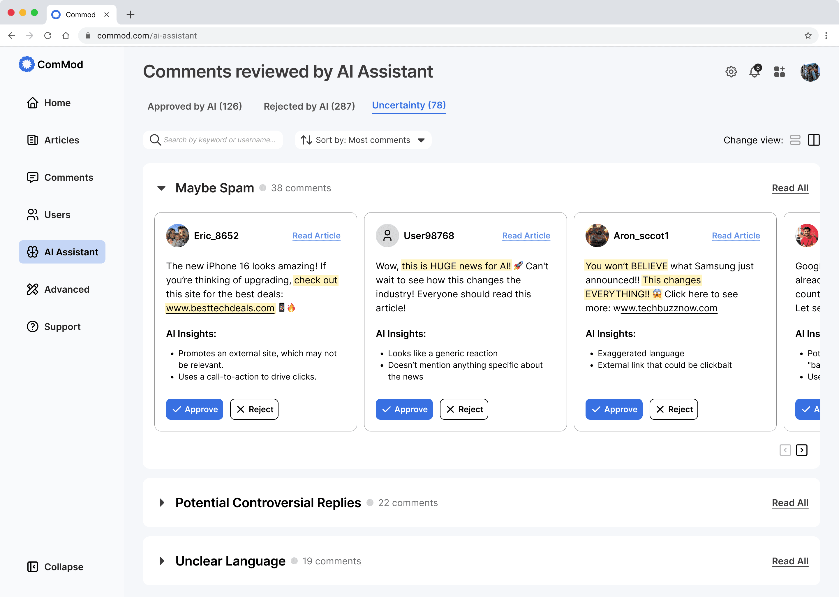 Commod AI Assistant view: comments grouped by uncertainty type with suspicious phrases highlighted inline.