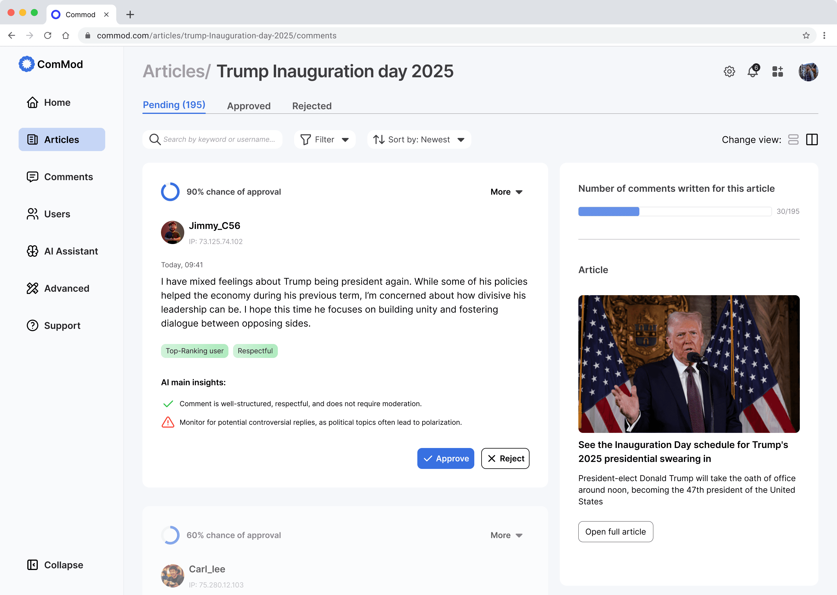 Commod single-article view: a comment queue on the left and the full article with its headline on the right.