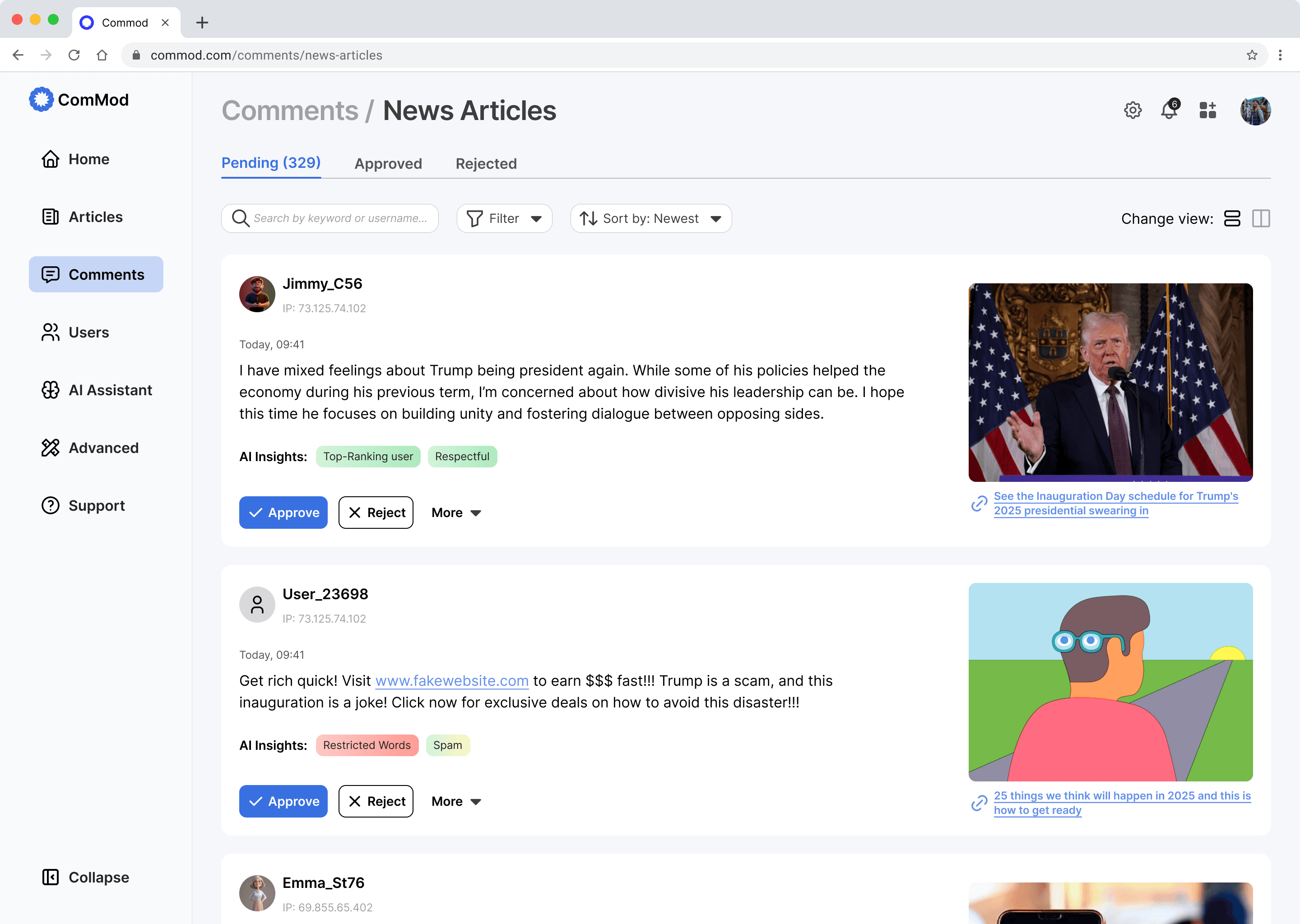 Commod comments queue for News Articles, each comment carrying AI insight tags and a link to its source article.