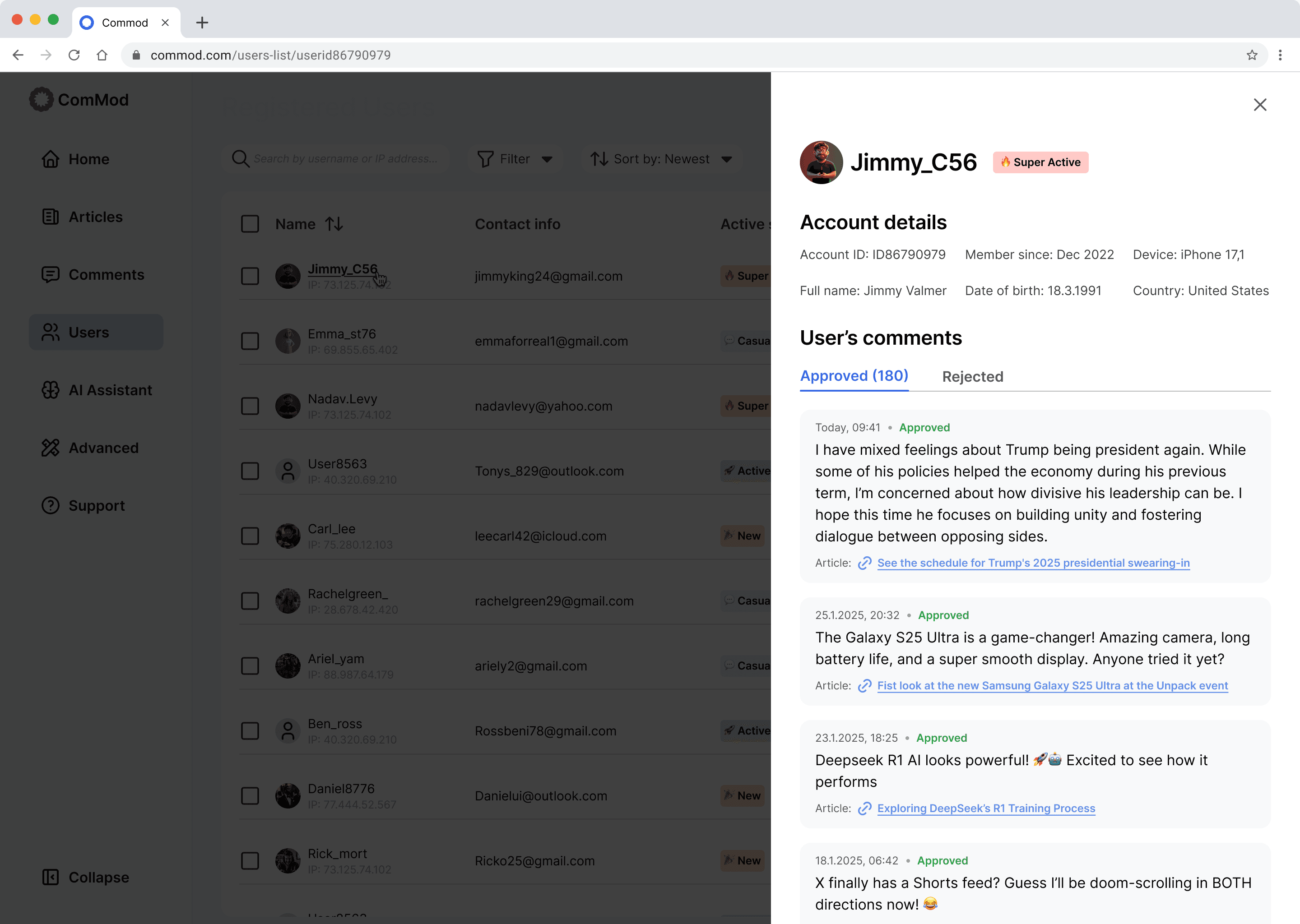 A single user's profile in Commod, showing their activity and full comment history.
