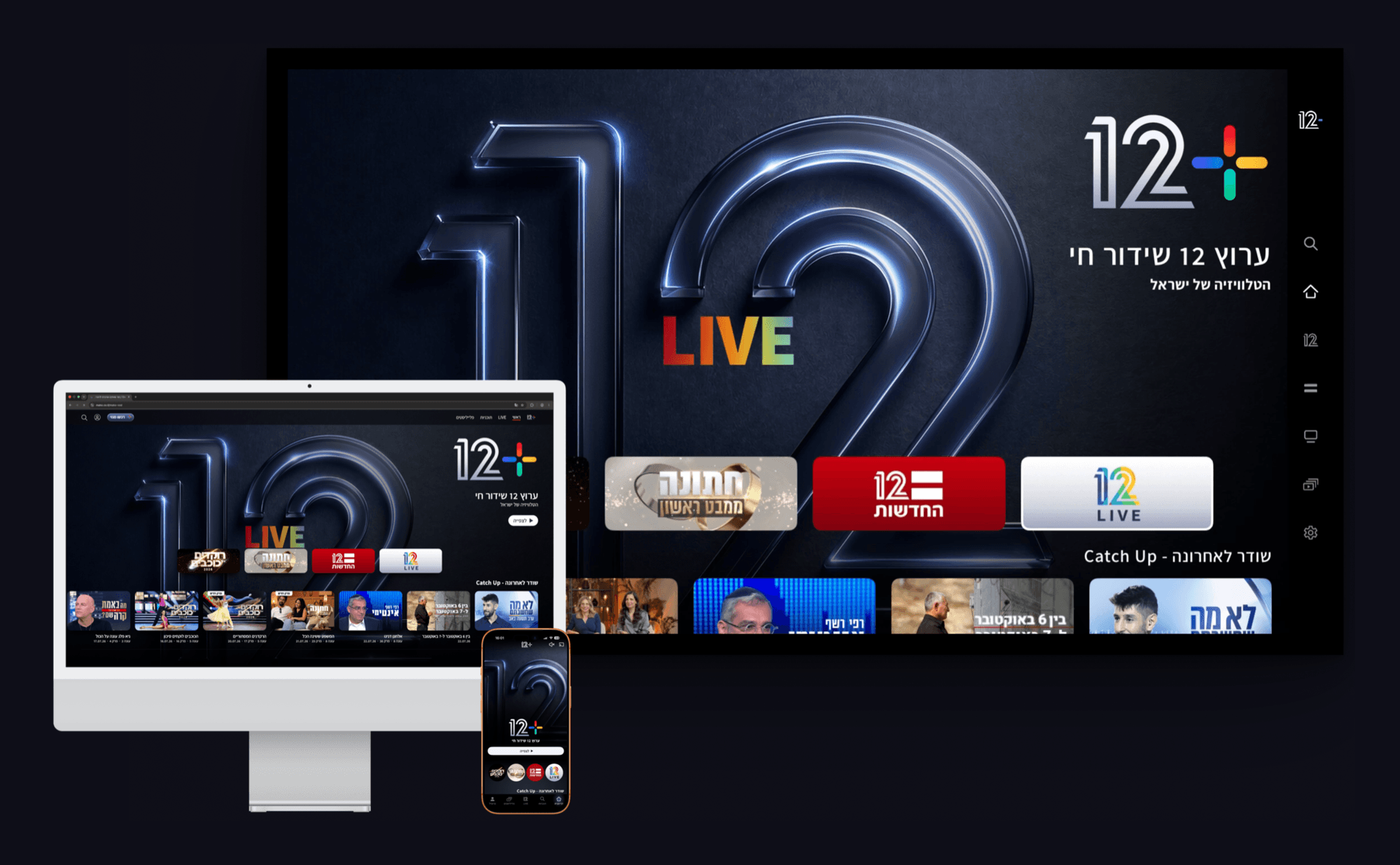 The 12+ live home screen running at the same time on a Smart TV, an iMac and an iPhone, with one continuous design reading across all three.