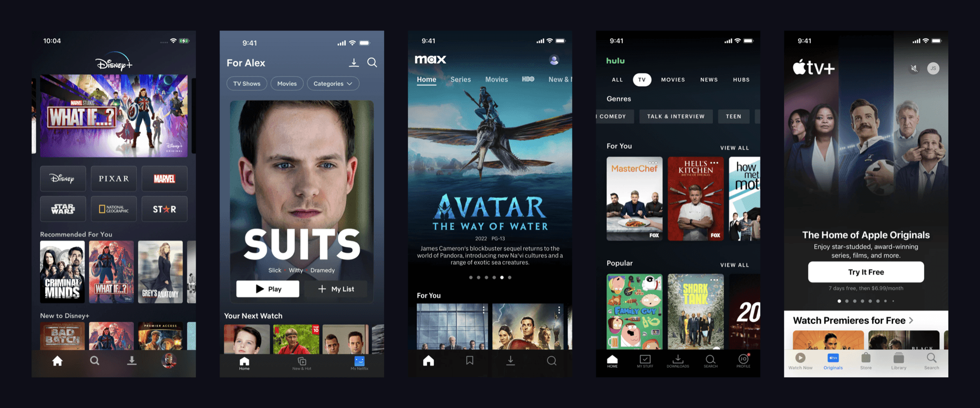 The home screens of the five apps reviewed, side by side: Disney+, Netflix, Max, Hulu and Apple TV+.